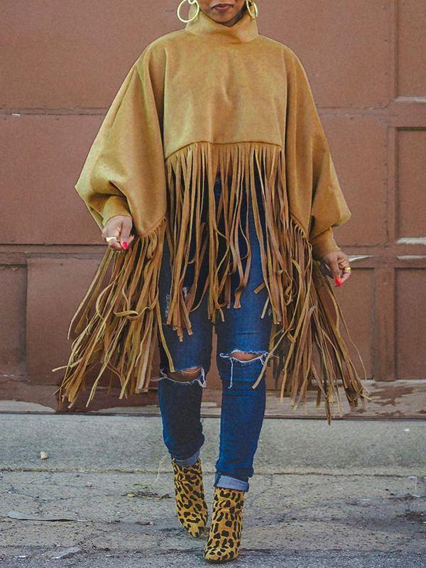 Fringe Combo Turtleneck Sweatshirt Ins Street