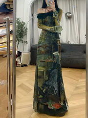 Neues, langärmliges, atemberaubend bedrucktes langes Herbstkleid
