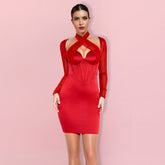 Neckholder-Langarm-Mini-Bodycon-Kleid aus Netzstoff HI1297