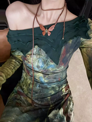 Neues, langärmliges, atemberaubend bedrucktes langes Herbstkleid