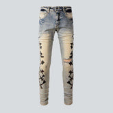 Leather bones embroidery men jeans