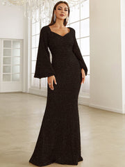 Elegantes Abendkleid mit Pailletten, langen Ärmeln, tiefem V-Ausschnitt und schmaler Passform