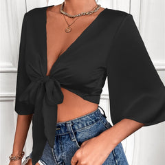 Lisandro Tie Front Kimono Crop Top - White Ins Street