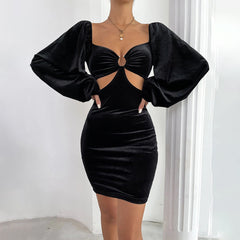 Vintage Puffärmel Quadratischer Hals Samt Party Minikleid - Schwarz