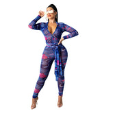 Printed Cutout Backless Tie-up Long-sleeve Jumpsuit