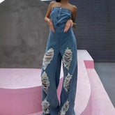 Trägerloser Jeans-Jumpsuit mit Rissen