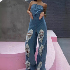 Trägerloser Jeans-Jumpsuit mit Rissen