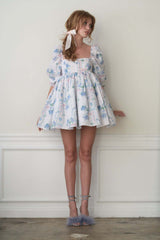 Süßes Leinen-Babydoll-Minikleid mit Puffärmeln und quadratischem Ausschnitt - Blau