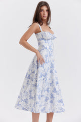 Felizia – Sommerkleid mit Puffärmeln und blauem Aufdruck