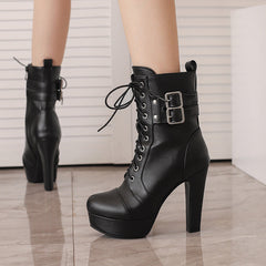 Schwarz/Rote Plateau-Stiletto-Stiefeletten mit hohem Absatz
