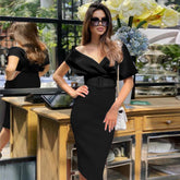 V Neck Short Sleeve With Belt Midi Bandage Dress PP211130