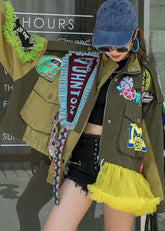 Plus Size Army Green Stehkragen Button Print Patchwork Herbst Denim Mantel Langarm