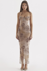 Cremefarbenes Maxikleid mit Blumenmuster