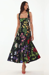 Bedrucktes Midikleid aus Baumwollmischung mit Bindeband