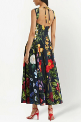 Bedrucktes Midikleid aus Baumwollmischung mit Bindeband
