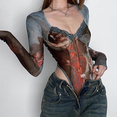 Renaissance Kunstdruck Mesh Ästhetischer Bodysuit
