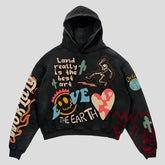 Gothic Oversize-Kapuzenpullover mit schwarzer Grafik für Damen