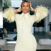 High Neck Long Sleeve Maxi Feather Bodycon Dress