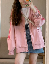 Personality Print Oversized Zip-Up Pink Hoodie