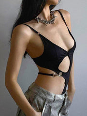 Schwarzer Camisole-Bodysuit mit O-Ring-Ausschnitt