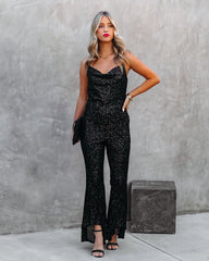 Zaida High Low Flare Pailletten-Jumpsuit - Schwarz