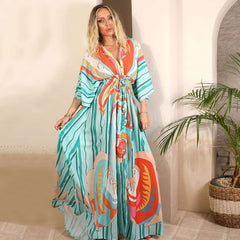 Maxikleid mit abstraktem Print und Gürtel und Knopfleiste und V-Ausschnitt - Grün