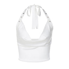Verführerisches, einfarbiges Neckholder-Crop-Top mit Wasserfallausschnitt und Nieten - Weiß