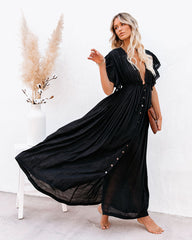 Anika Maxikleid mit Knopfleiste und Rüschen, Taschen - Schwarz