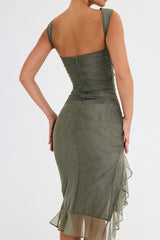 Asymmetrisches Ärmelloses Mesh Rüschen Gerafftes Bodycon Party Midikleid - Grün