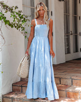 At Sea Cotton Blend Smocked Maxi Dress - Blue InsStreet