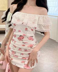 Paket Hüften Geraffte Mini Kleid Off Schulter Spitze Strand Kleid Blumendruck Party Kleid