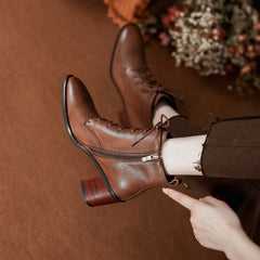 High Heel Stiefel Seitlicher Reißverschluss Rindsleder Stiefeletten Weiche Walking Kurze Stiefel Braun/Schwarz