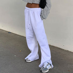 Lässige High Waist Kordelzug Seitlich Slip Weites Bein Hose - Weiß