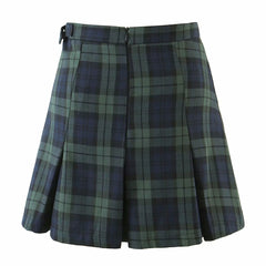 Karierter Print High Waist Schnalle Plissee Minirock - Smaragdgrün