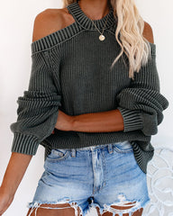 Cool Breeze – Schulterfreier Baumwollpullover – Verwaschenes Schwarz