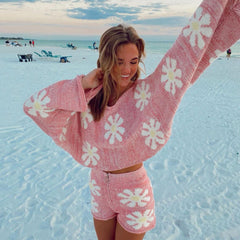 Süßes Blumendruck Pullover Strick Shorts Passendes Set - Rosa