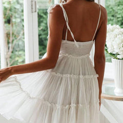 Süßes Sommerkleid mit U-Ausschnitt und Rüschen, Babydoll-Minikleid - Weiß