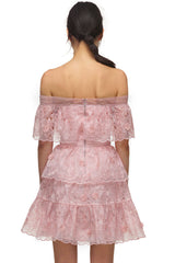 Schulterfreies, gestuftes Minikleid mit Blumenstickerei - Zartrosa