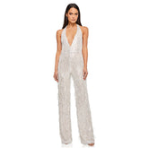 Glitzernder Pailletten Fransen Tiefer Ausschnitt Rückenfreier Party-Jumpsuit mit weitem Bein - Silber