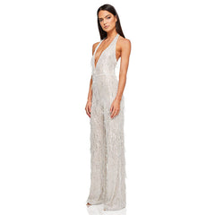 Glitzernder Pailletten Fransen Tiefer Ausschnitt Rückenfreier Party-Jumpsuit mit weitem Bein - Silber