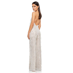 Glitzernder Pailletten Fransen Tiefer Ausschnitt Rückenfreier Party-Jumpsuit mit weitem Bein - Silber
