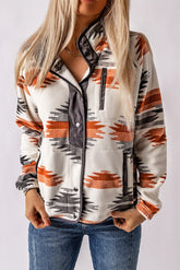 Graue Western-Fleecejacke mit Azteken-Print und Druckknöpfen