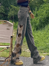 Zerrissene Jeans mit hoher Taille, Stickerei und lockerer Passform