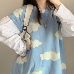 Blaue Wolken Niedliche Ästhetische Lockere Strickweste Pullover