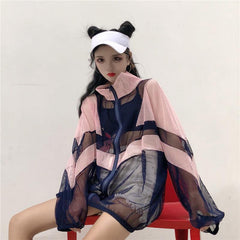 Oversize-Bomberjacke mit transparentem Mesh-Patchwork