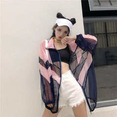 Oversize-Bomberjacke mit transparentem Mesh-Patchwork