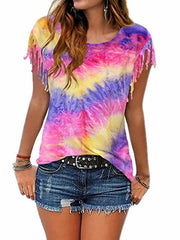 T-Shirt mit Batikmuster und Fransen