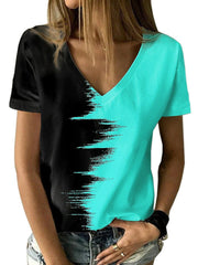 Kontrastoberteil, V-Ausschnitt, kurzärmliges Damen-T-Shirt
