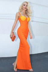 Metallic Bicolor Bustier Bandage Ärmelloses Maxikleid - Gebranntes Orange