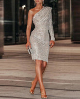 One-Shoulder-Langarm-Kleid mit Pailletten
